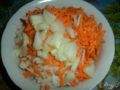 мелко нарезать лук, натереть на терке морковь. Посолить, добавить растительное масло и перемешать.