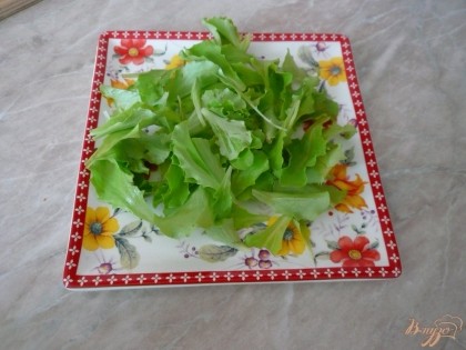 Листья салата промываем ,сушим, если мелкие – кладем целиком, крупные рвем руками на куски помельче. Раскладываем салат по порционным тарелкам.