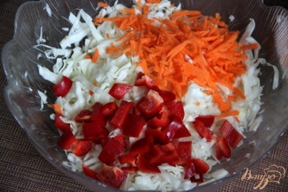 Натереть на крупной терке небольшую морковь, паприку нарезать кубиком, добавить  к капусте.