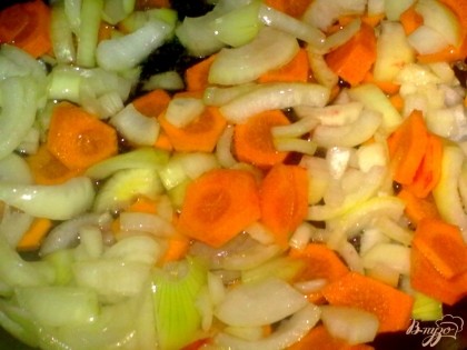 Лук и морковь очистить, помыть. Морковь нарезать кольцами или полукольцами.Лук нарезать кубиками.Обжарить на сковороде морковь, добавить лук, немного воды и тушить несколько минут.