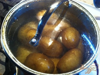 Заливаем горячей кипяченой водой и варим около 15 минут, в зависиости от размера картофеля