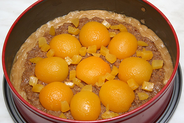 Выкладываем абрикосы любым узором. Добавляем немного мелко нарезанных абрикосов.<p>Разогреваем духовку до 180°С и загружаем туда наш пирог.
