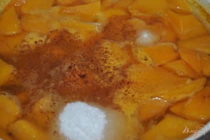 Добавить желатин, сахар, корицу и ванильный сахар к вареным персикам.Перемешать и оставить остывать до комнатной температуры.