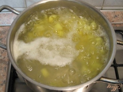В кипящую воду высыпать нарезанный картофель. Варить его до готовности.