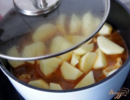 Добавить картофель, нарезанный кубиком, накрыть крышкой, тушить до готовности картофеля, мин. 20.