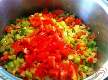 Добавляем помидоры к обжаренным овощам и тушим 10 минут