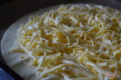 Тесто уложить  на противень с бумагой для выпечки, дно наколоть вилкой и выложить слой сыра, натертого на терке.