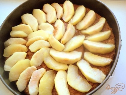 Бисквит смочить кисточкой сиропом, в котором варились яблоки. На бисквит выложить яблоки.