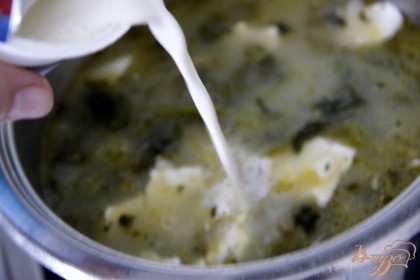 В тёплом состоянии пюрировать суп блендером. Вернуть кастрюлю на плиту, приправить солью, перцем, ввести сливки, довести до кипения.