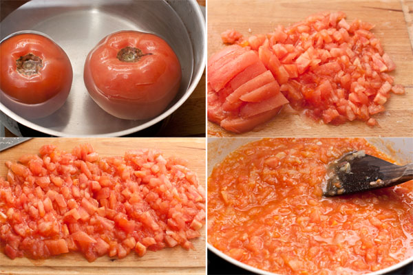 Если используете свежие помидоры, то опустите их в кипяток, подержите в нем около минуты и снимите кожицу. Мякоть мелко нарежьте и положите к луку и чесноку.  Добавьте базилик и тушите на небольшом огне без крышки 20 минут, периодически помешивая, чтобы выпарилась лишняя жидкость, а соус приобрел более однородную консистенцию.    Готового томатного пюре понадобится меньше (300-350г), его просто добавьте в сковороду и прогрейте 5-7 минут на среднем огне.  