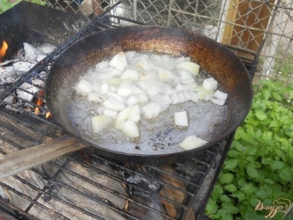 Разогреваем на мангале сковороду с растительным маслом, выкладываем лук.