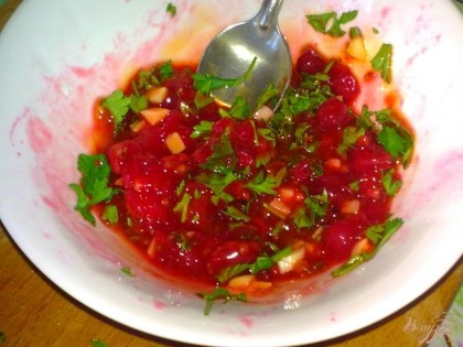 Готовим соус: красную смородину превратить в пюре, добавить китайский соус, мелко нарезаную петрушку и мелко нарезаный чеснок. Все перемешать.
