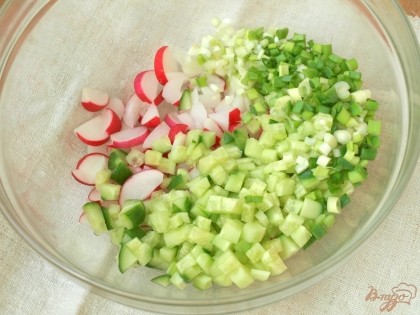 Мелко нарезать зелёный лук,добавить к редису и огурцам.