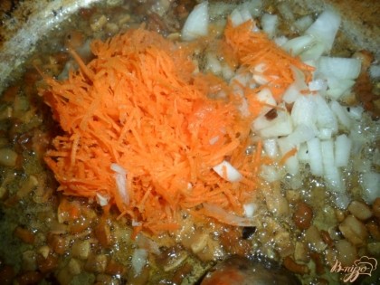 Пока жарится сало, трем на мелкой терке морковь, режем лук, бросаем все в сковороду где жарится сало. Обжариваем до готовности.