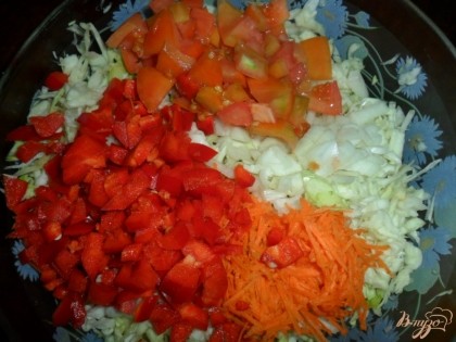 Морковь натереть на мелкой терке. лук, помидор, перец, порезать кубиками, сложить все к капусте.