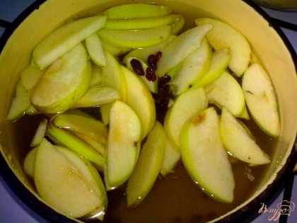 Яблоки и изюм сложить в кастрюлю. Добавить корицу и сахар. Залить водой и довести до кипения. Снять с огня и оставить остыть.