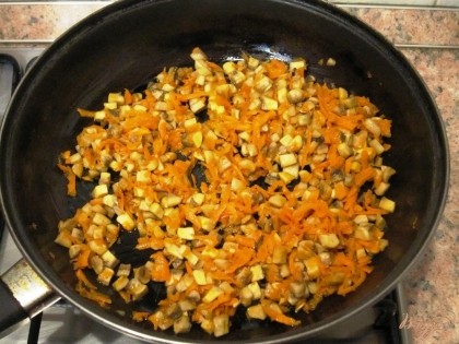 Грибы обжарить вместе с морковью в растительном масле до золотистого цвета.