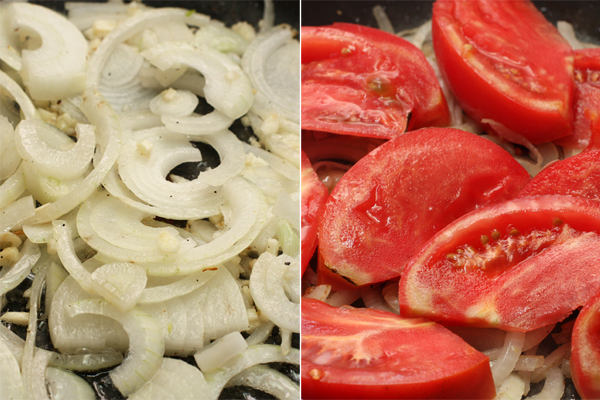 На той же сковороде поджарьте на среднем огне до мягкости нарезанный лук, чеснок и перец в течение 7-10 минут. По прошествии этого времени добавьте дольки помидора и тушите еще 5 минут, чтобы помидор только слегка стал мягким.