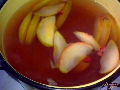 Сложить яблоки и смородину в кастрюлю, залить водой, добавить сахар, корицу и мускатный орех. Довести до кипения.