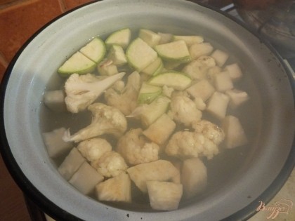 Ставим закипать воду и солим ее сильно. В закипевшую кладем сельдерей, через 10 мин капусту и кабачок. Варим овощи в кипящей оде еще 7 мин.