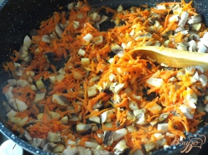Небольшими кубиками нарезать лук и шампиньоны,натереть морковь.Разогреть масло,обжарить лук с морковью,добавить грибы.Посолить и поперчить.