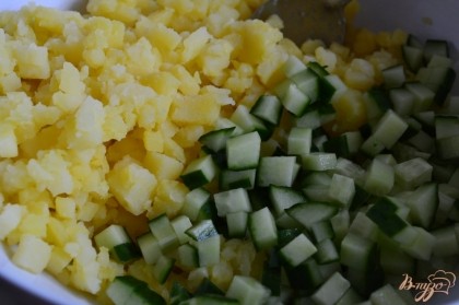 Огурец так же нарезать мелкими кубиками .Овощи выложить в салатник. Луковицу порубить мелко и добавить в салатник.