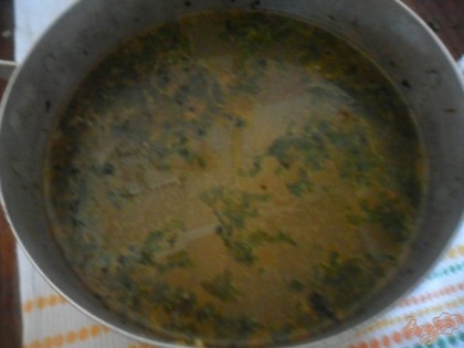Когда картошка и пельмени в супу будут готовы, снять суп с огня положить в него лавровый лис и измельченную зелень. Перемешать, дать немного постоять и можно кушать.