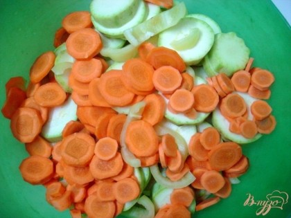 Морковь помыть,почистить и нарезать тонкими кольцами.