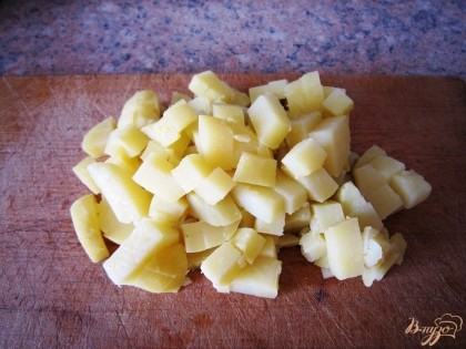 Подготавливаем продукты:картофель моем,отвариваем в мундире,можно вместе с морковью(30 минут),мелко режем кубиками.