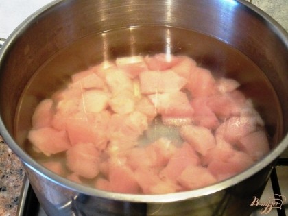 Залить холодной водой, довести до кипения, снять пену и варить 30 минут.
