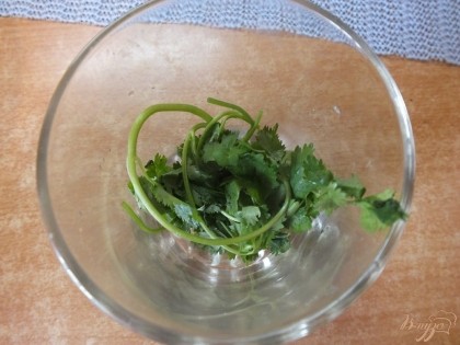 На дно порционный стаканов выкладываем оставшуюся кинзу. Сверху насыпаем салат.