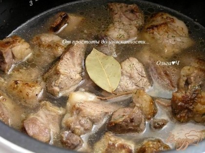 Выложить мясо в чашу мультиварки, залить горячей водой, добавить лавровый лист. Готовить в режиме "Суп" или "Тушение" 1 час 20 минут.