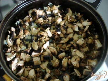 На оставшихся 30 граммах растительного масла пассеруйте лук, когда он станет мягким, добавьте к нему грибы и вместе доведите до готовности на маленьком огне под закрытой крышкой. Посолите.