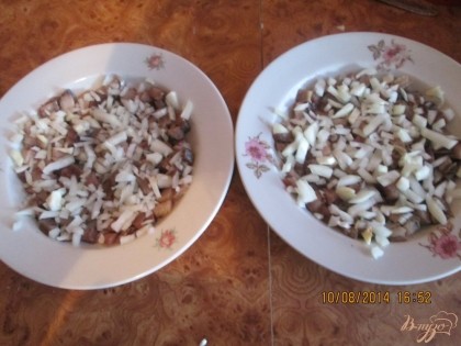 Возьмем 2 тарелки выложим на них селедку потом измельченный лук. Далее выложить слой картофель, морковь, яйца и покрыть все свеклой. Разровнять поверхность, смазать майонезом и поставить в холодильник на 2–3 ч.