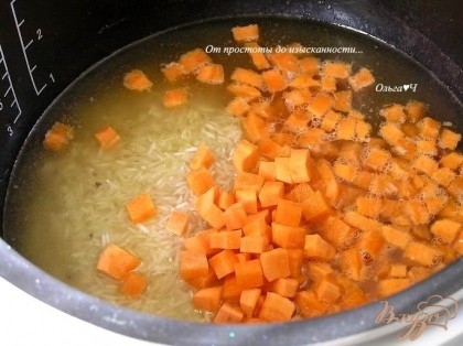 За 15-20 минут до окончания приготовления вынуть курицу, добавить рис и морковь, нарезанную кубиками, перемешать, присолить