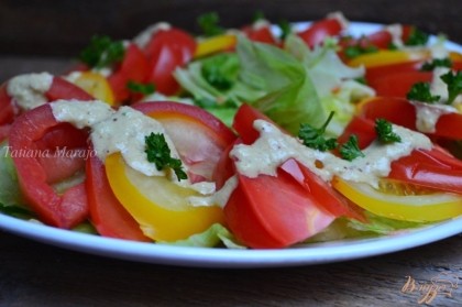 На большую, общую тарелку разложить кусочки салата и дольки помидор.Полить соусом.