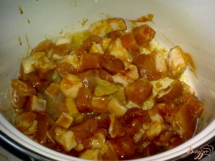 Свинину приправьте специями, солью и перцем. Добавьте соевый соус и кетчуп. Оставьте на 10 минут. Затем обжарьте.