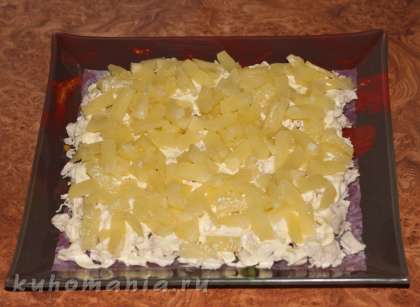 2-й слой - нарезанные ананасы, смазываем майонезом