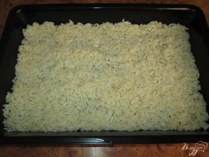 Половину риса выложить на смазанный маслом противень и разровнять.