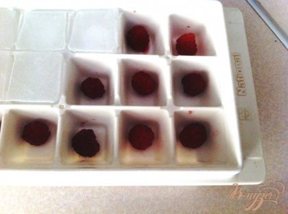 В контейнер для льда кладём по ягодке малине.