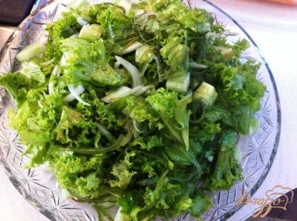 Выкладываем зеленую часть салата на плоскую тарелку.