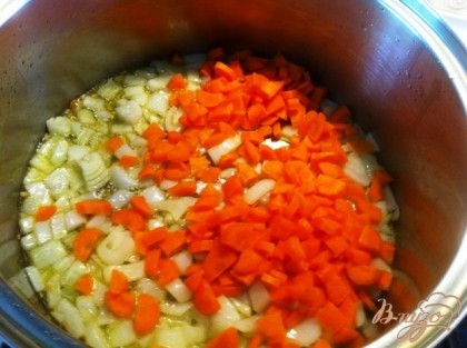 К луку добавляем морковь и обжариваем около 5 минут
