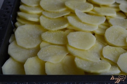 Картофель порезать тонко и выложить следующим слоем.