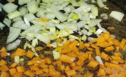 Репчатый лук очистите и измельчите. Тоже сделайте с морковью. Чеснок очистите и нарежьте мелко. Обжарьте овощи и чеснок на растительном масле несколько минут.
