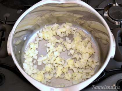 В кастрюле с толстым дном растопить сливочное масло. Выложить лук, жарить 3-4 минуты до мягкости лука.