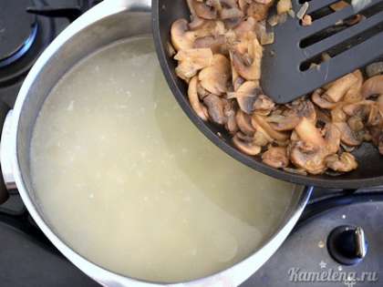 Добавить в кастрюлю обжаренные грибы с луком, варить 5 минут.