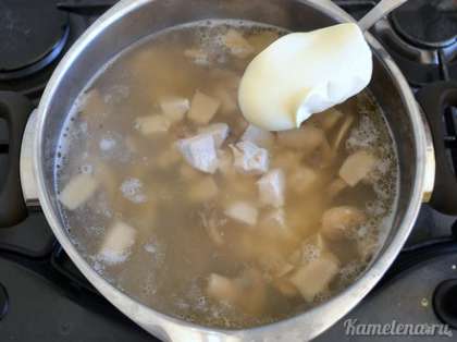 Добавить плавленый сыр, хорошо перемешать, сыр почти сразу растворится. Если вы используете плавленые сырки, их необходимо предварительно порезать кубиками, и проварить чуть дольше до полного растворения в супе.