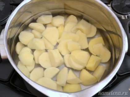Картофель почистить, порезать произвольными кусочками. Залить водой, посолить,  варить до готовности.