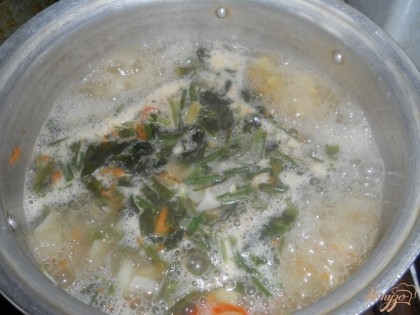 Доводим бульон до кипения, когда закипит, закладываем в него нарезанный картофель и лук, даем немного повариться и кладём натертую морковь. Даем закипеть, убавляем огонь и варим суп до готовности. Когда будет практически готов (минуты за три), закладываем нарезанную зелень (зеленый лук, петрушку). У меня зелень замороженная, если же используете свежую, то её лучше мелко нарезать и добавить в готовый суп, при подаче.