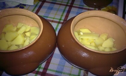 На дно горшочков налейте растительное масло и выложите кубики картофеля.